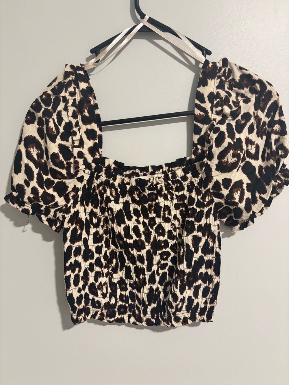 Monteau Leopard Print Puff Sleeve Crop Top - Brown & Cream